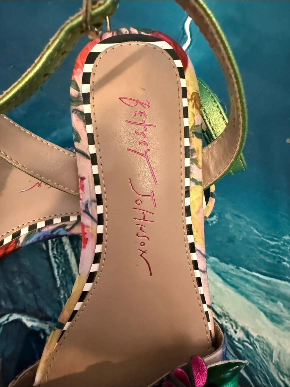 Betsey Johnson Green Ankle-Strap Sandals with Multicolor Floral Accents